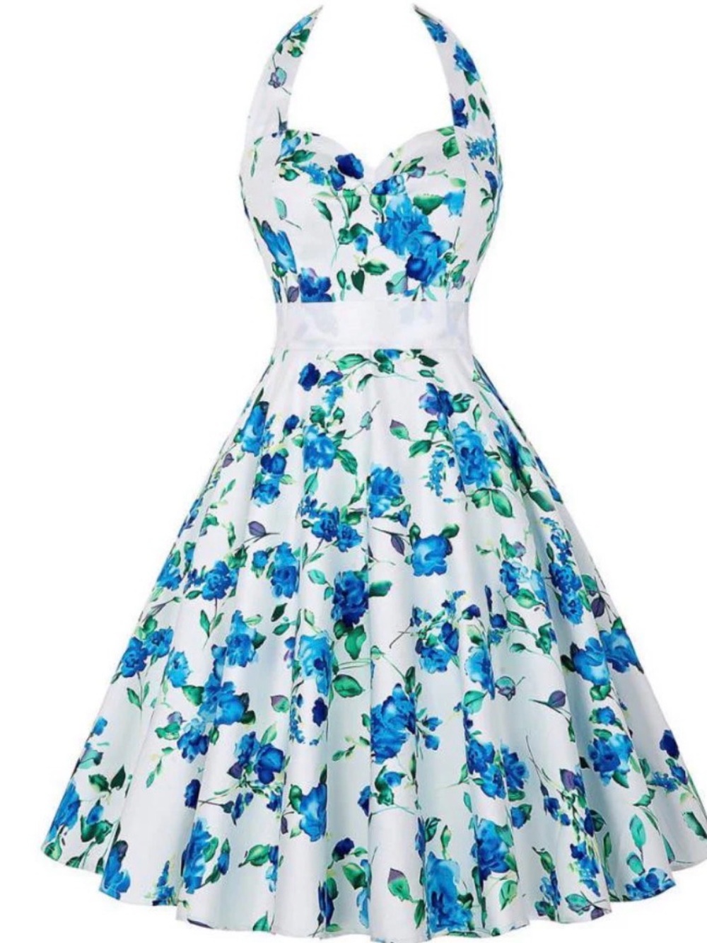 Floral Halter Fit-and-Flare Dress in Blue